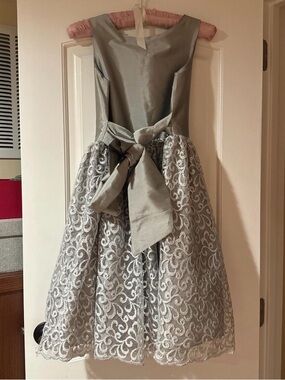 Girls Silver Lace Party Dress with Bow